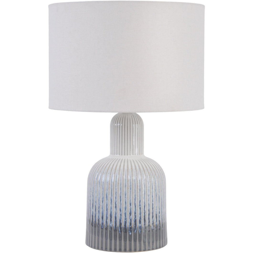 Small Grey Porcelain Lamp with Ribbed Detailing and White Shade