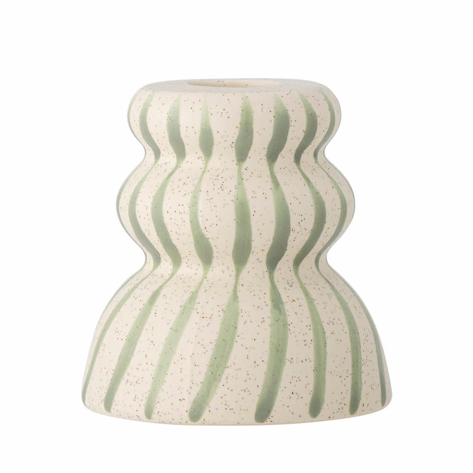 Green Stripe Stoneware Candle Holder